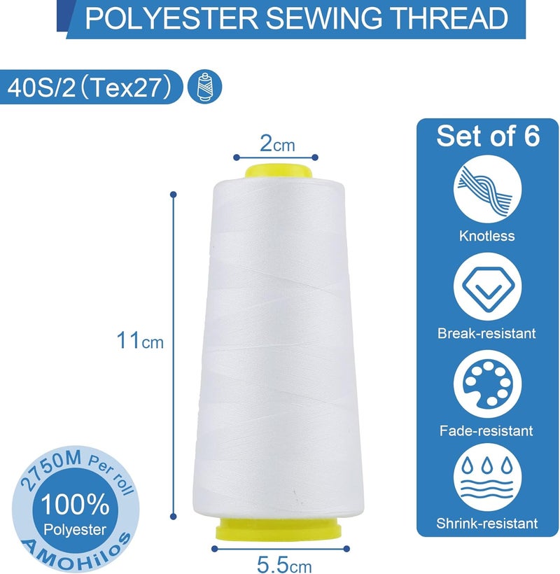 AMOHilos Polyester Sewing Thread All Purpose Knotless 40S/2 (Tex27) 6 Cones of 2750 Yards Each Spool Thread Total 16500 Yards for Serger Sewing Machine Quilting Piecing Overlock Hand Stitching (white) - Image 3